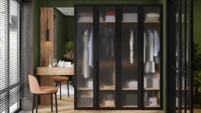 Спальный гарнитур «Порто» №4 Яблоня Беллуно/Графит/Стекло сатин черное в Пыть-Яхе - pyt-yah.mebel-tymen.ru | фото